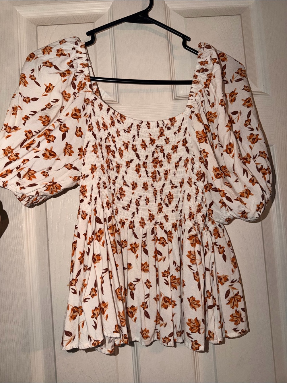 Women’s White Floral Smocked Peplum Blouse